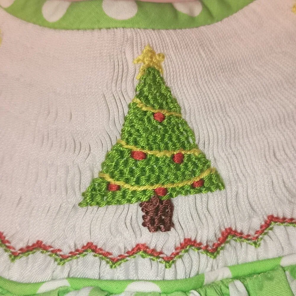 Lollypop Kids Christmas Smocked Little Girl's Dress Green & White Polka Dots 3T